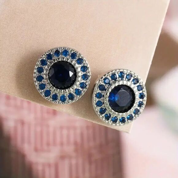 Elegant Round Cut Blue Crystal Silver Stud Earrings Sparkling Classic Fashion - Picture 3 of 6
